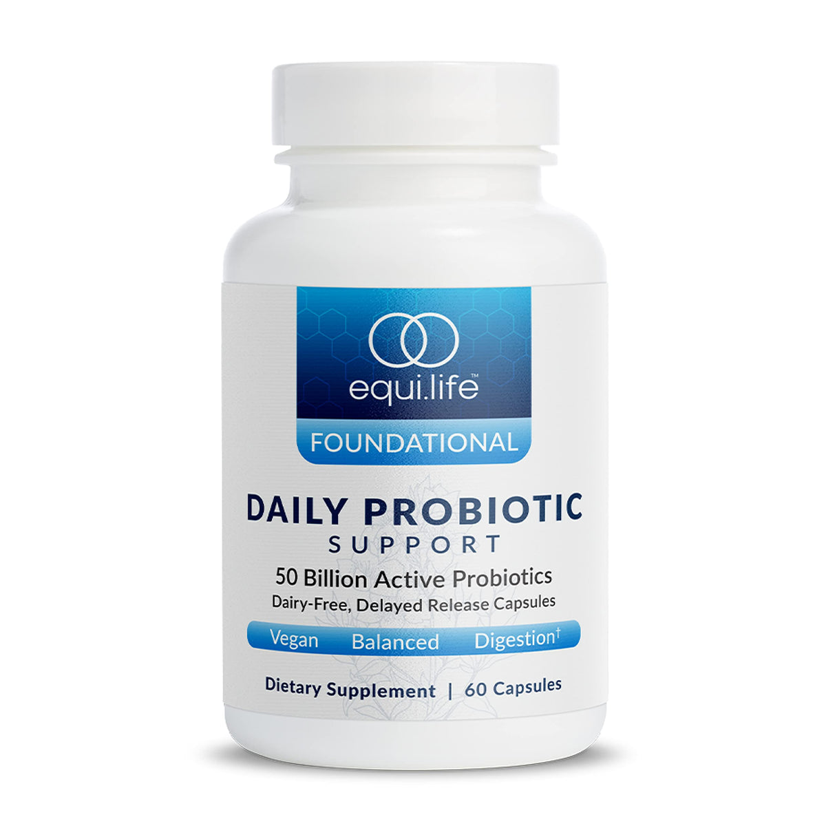 Equilife Daily Probiotic Bottle highlighting 50B CFU for digestive balance.