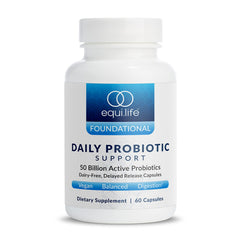 Equilife Daily Probiotic Bottle highlighting 50B CFU for digestive balance.