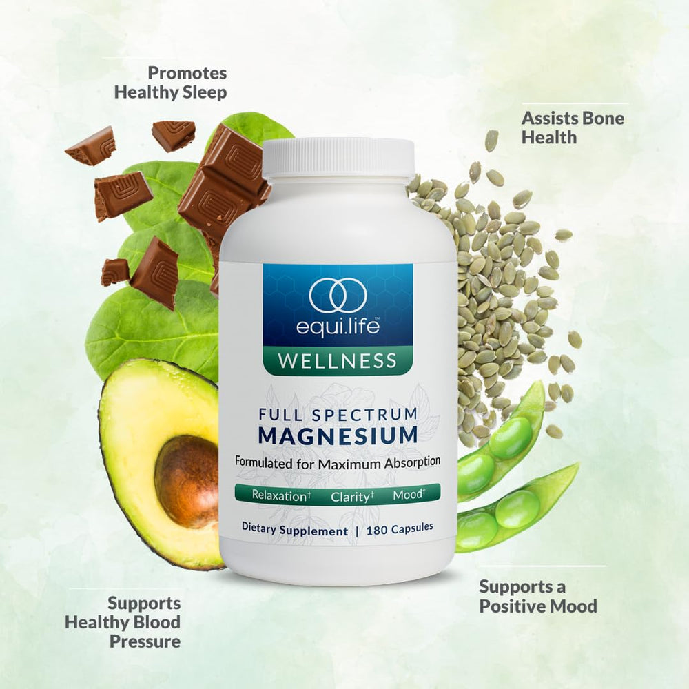 Equilife dimagnesium malate capsules on label highlighting absorption-friendly blend.