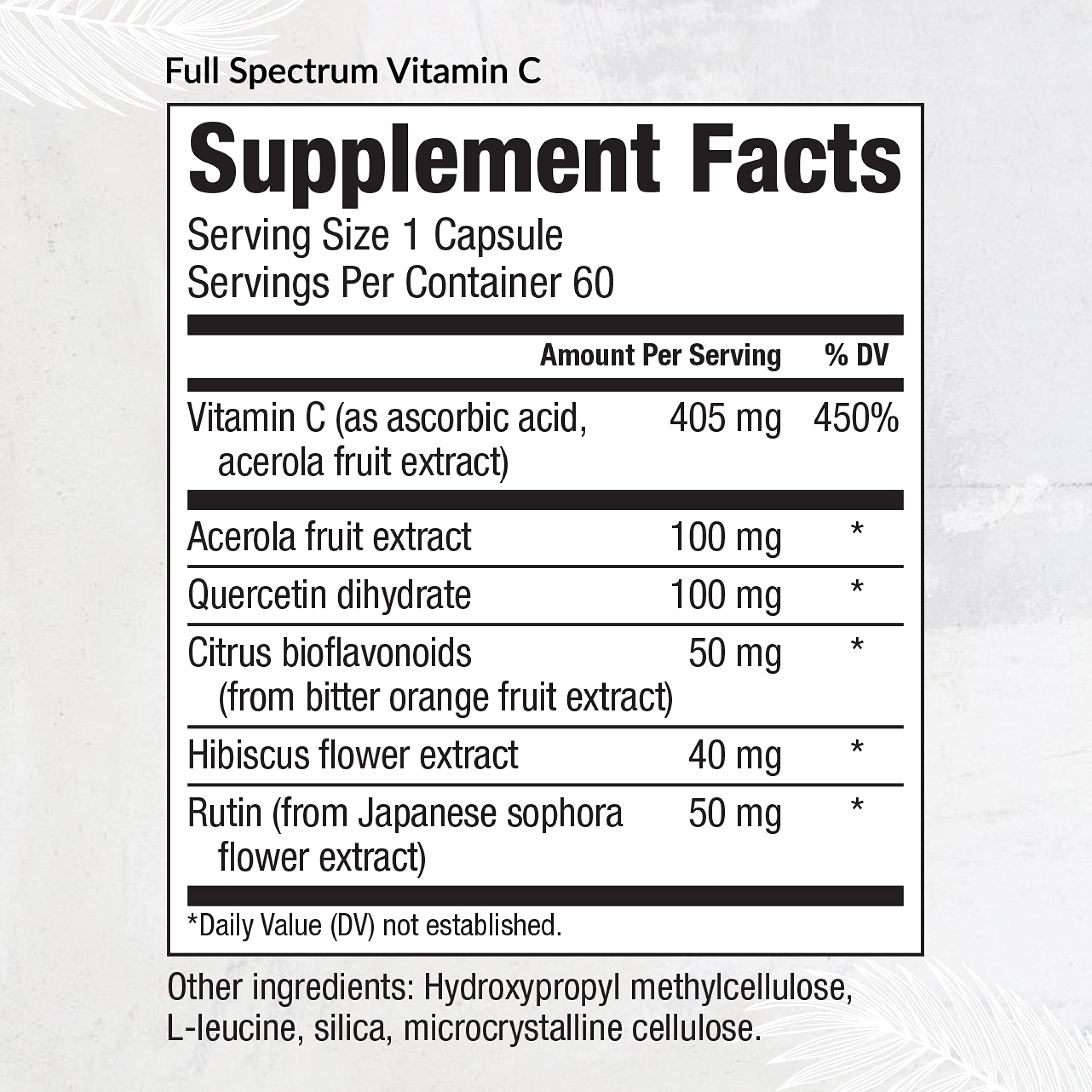 Equilife full spectrum vitamin C ingredients graphic emphasizing acerola and bioflavonoids.