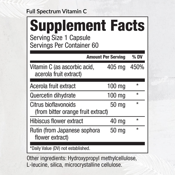 Equilife full spectrum vitamin C ingredients graphic emphasizing acerola and bioflavonoids.