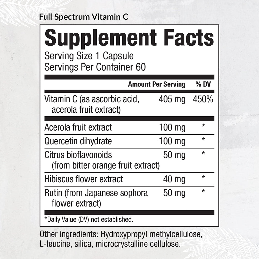Equilife full spectrum vitamin C ingredients graphic emphasizing acerola and bioflavonoids.