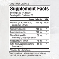 Equilife full spectrum vitamin C ingredients graphic emphasizing acerola and bioflavonoids.