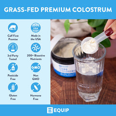 Equip Core Colostrum powder bottle label emphasizes grass-fed, lactose-free, and third-party tested quality.