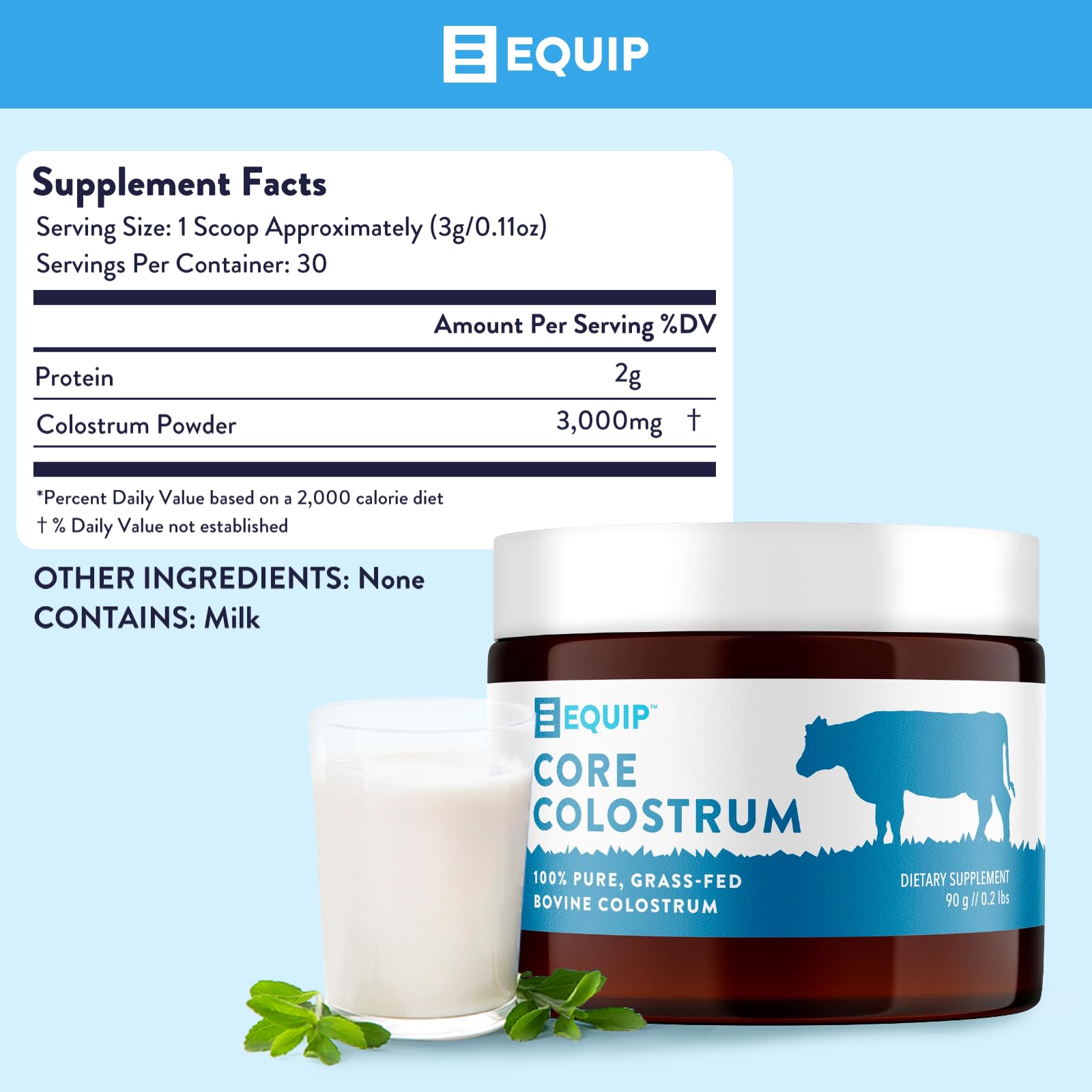 Equip Core Colostrum powder glass with mixed beverage shows keto-friendly, unflavored versatility.