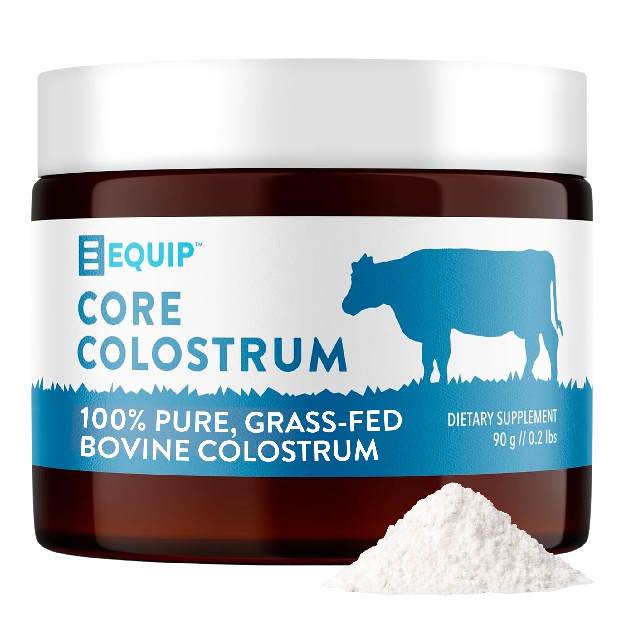 Equip Core Colostrum powder jar showcases premium, antibiotic-free formula for daily gut health support.