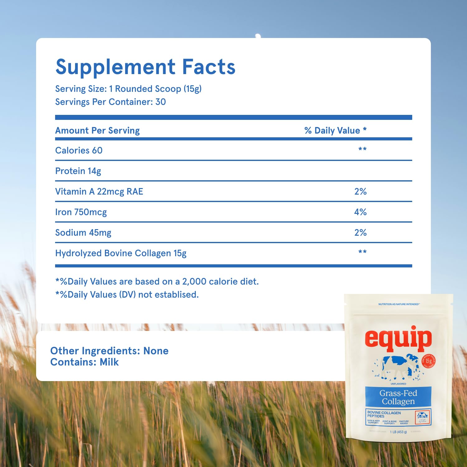 Equip grass-fed collagen powder serving size label assists paleo-friendly routines.
