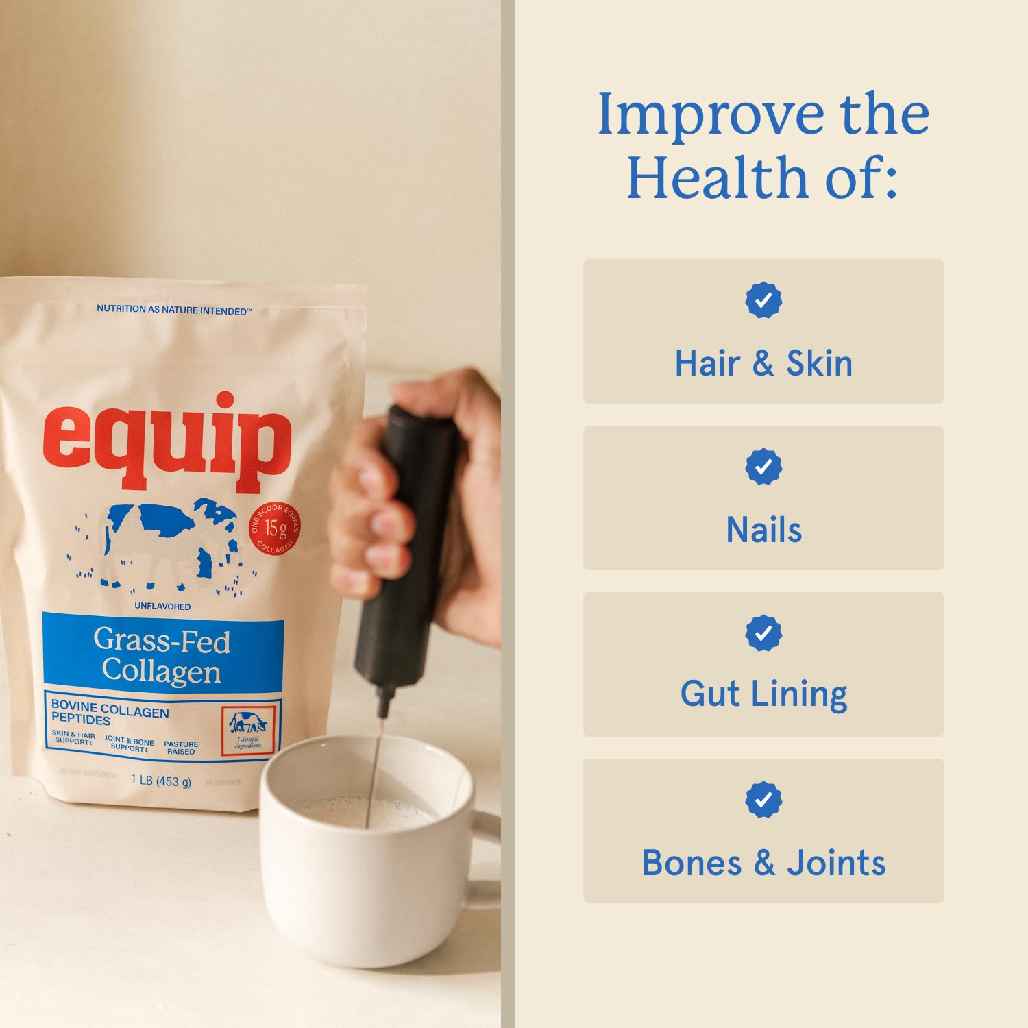 Equip grass-fed collagen powder unflavored jar ideal for versatile mixing.