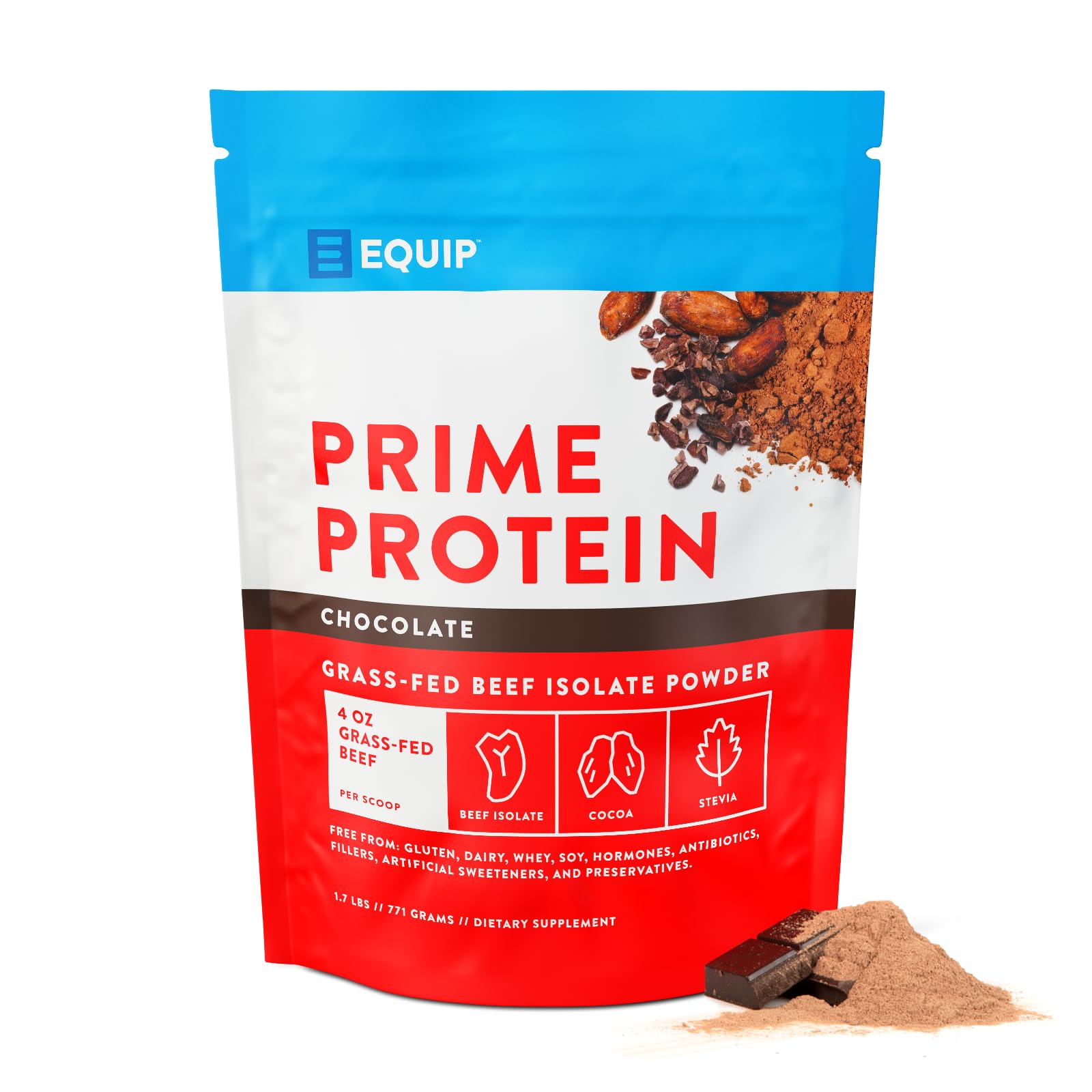 Equip Prime Protein chocolate bottle pour: rich protein fueling clean, grass-fed nutrition for keto-friendly meals.