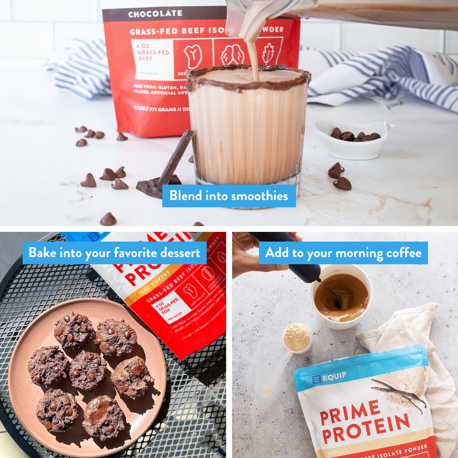 Equip Prime Protein iced coffee stir demonstrates convenient pre- or post-workout boost.