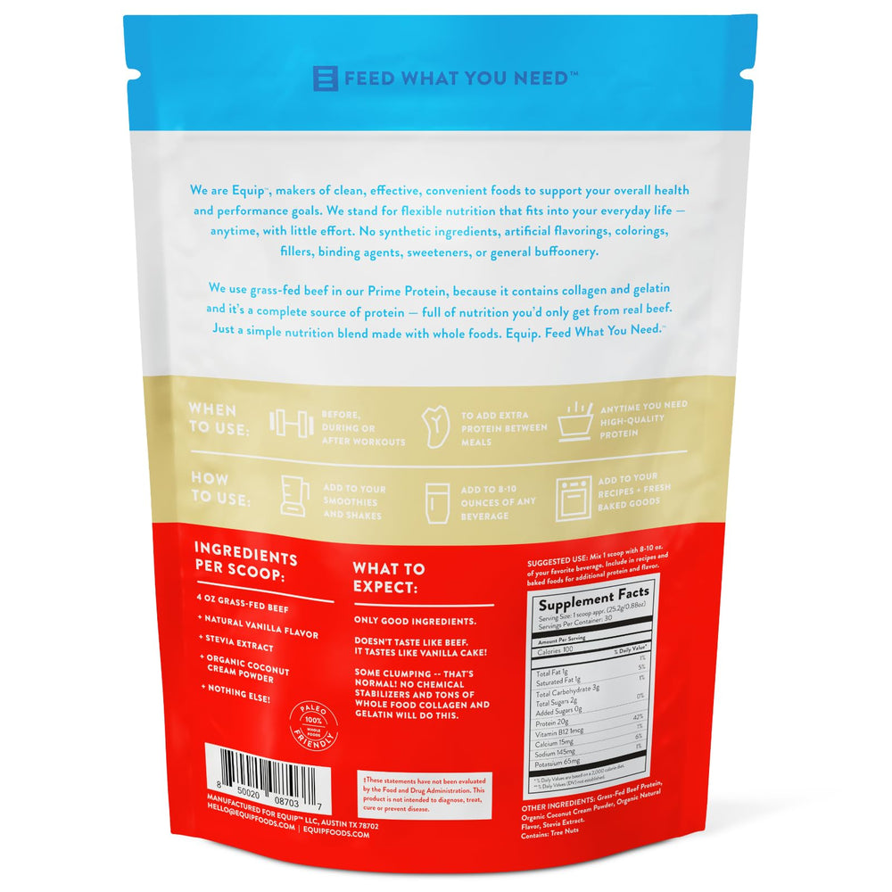 Equip Prime Protein ingredients label confirms third-party tested quality.