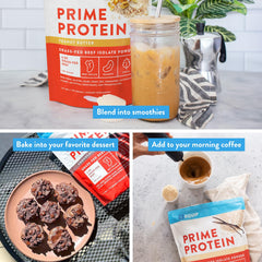 Equip Prime Protein flavors display shows eight dessert-like options with stevia