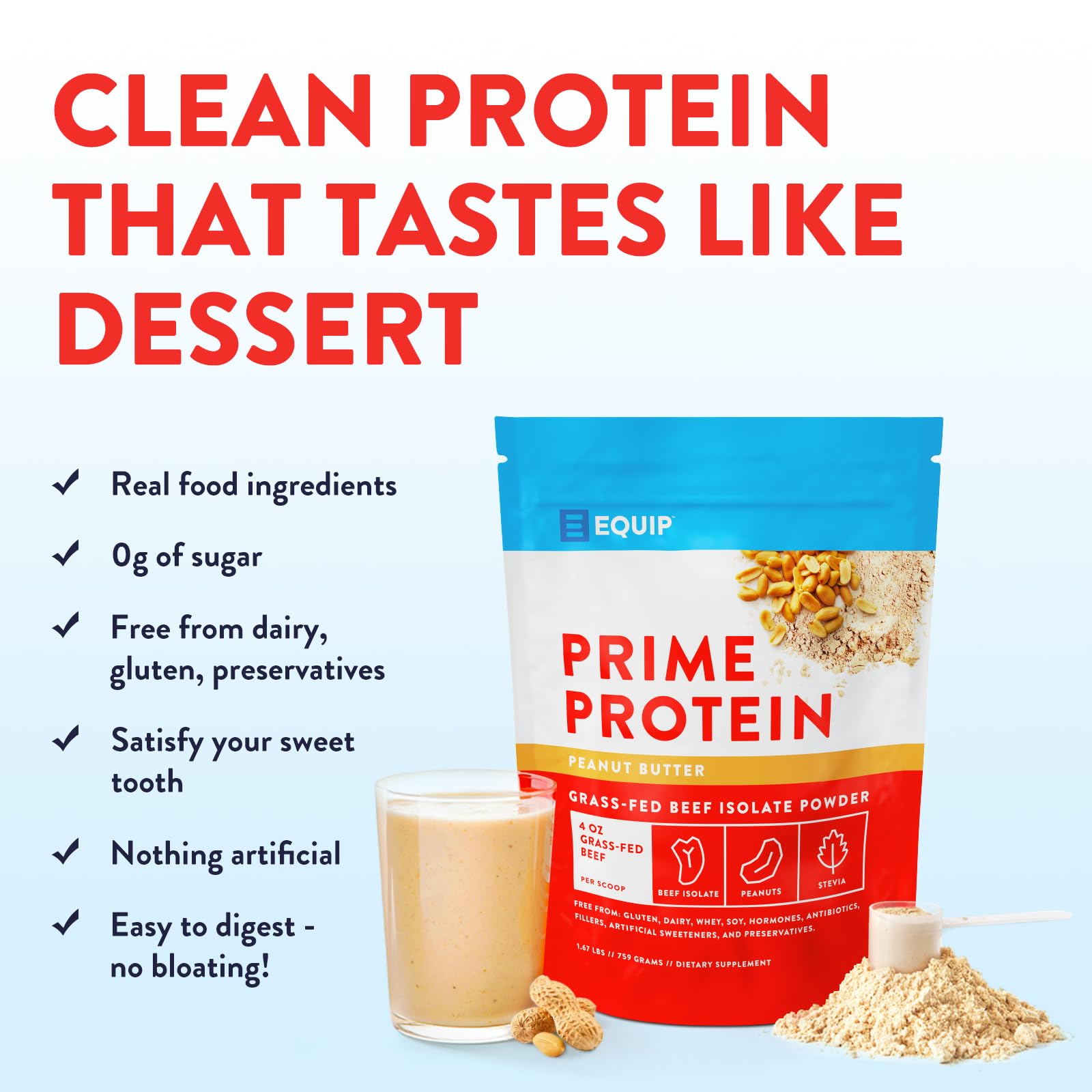 Equip Prime Protein ingredients close-up emphasizes pure, allergen-free beef protein