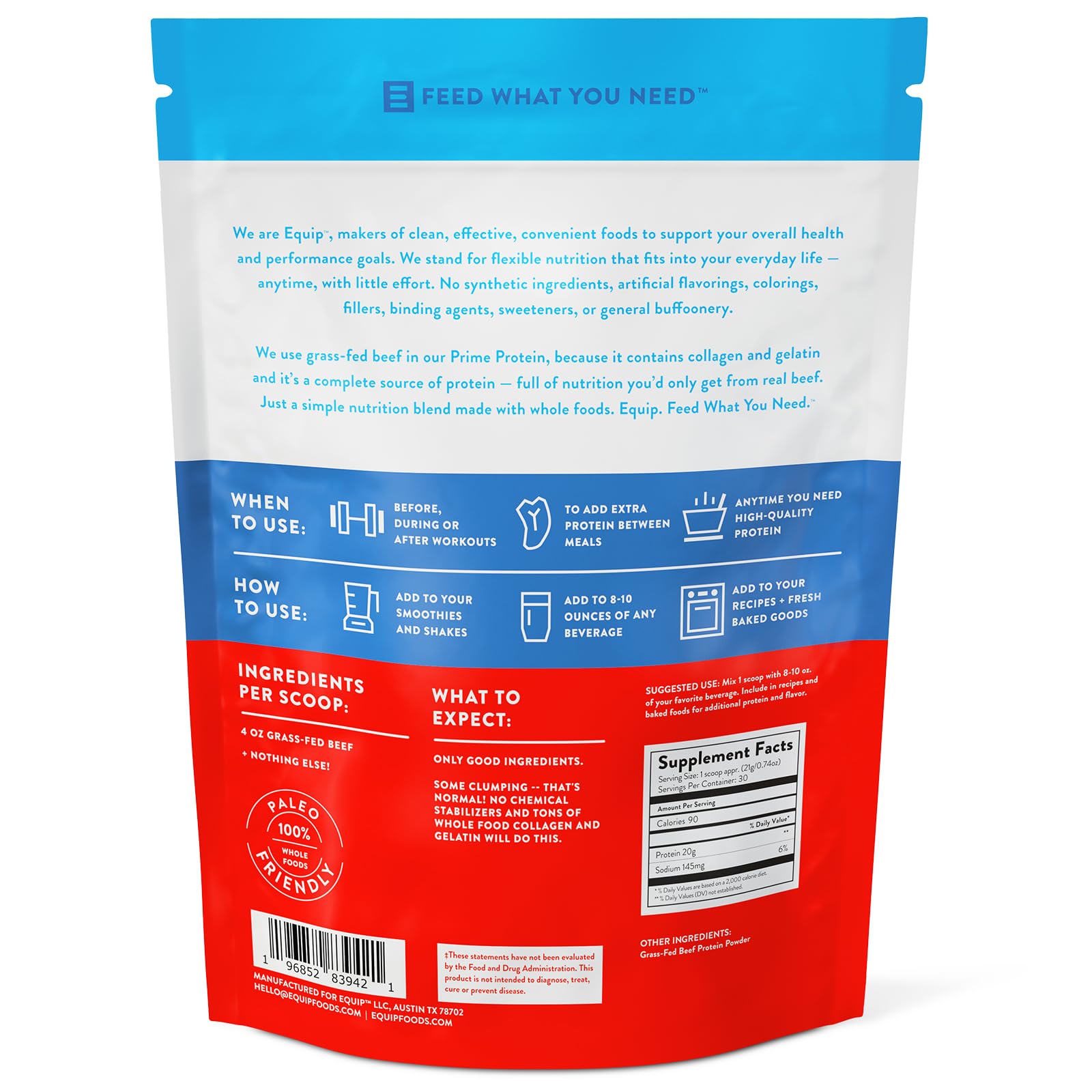 Packaging close-up of Equip Prime Protein Powder with evidence of third-party testing