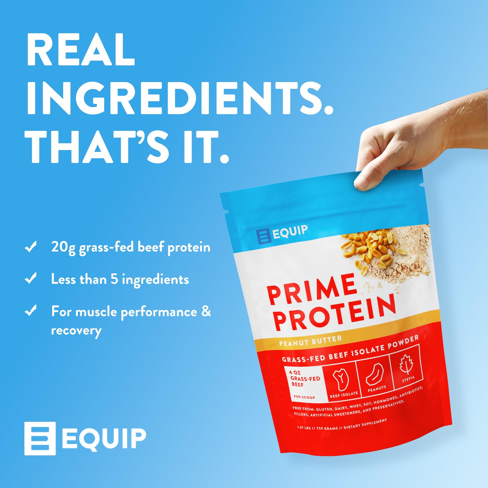 Equip Prime Protein scoop poured into a glass for convenient serving