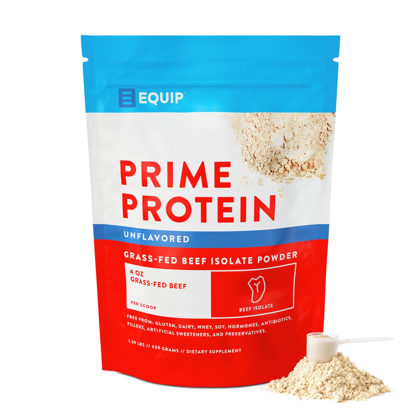 Equip Prime Protein Powder tub showcasing grass-fed beef protein isolate for clean, high-protein nutrition