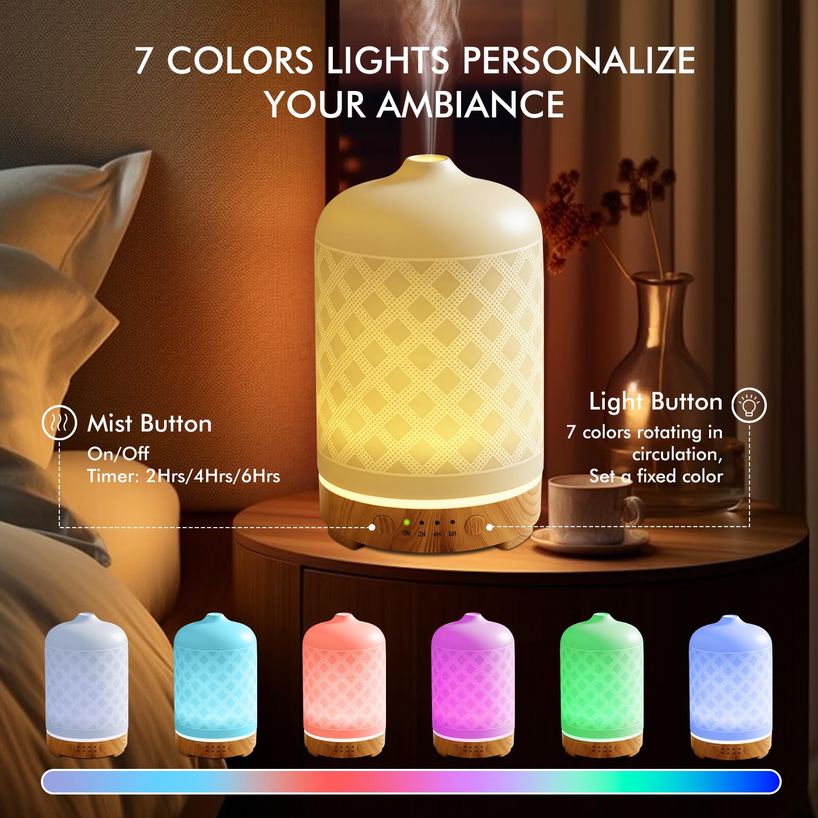 EQUSUPRO diffuser displays seven color LED lights for customizable mood lighting