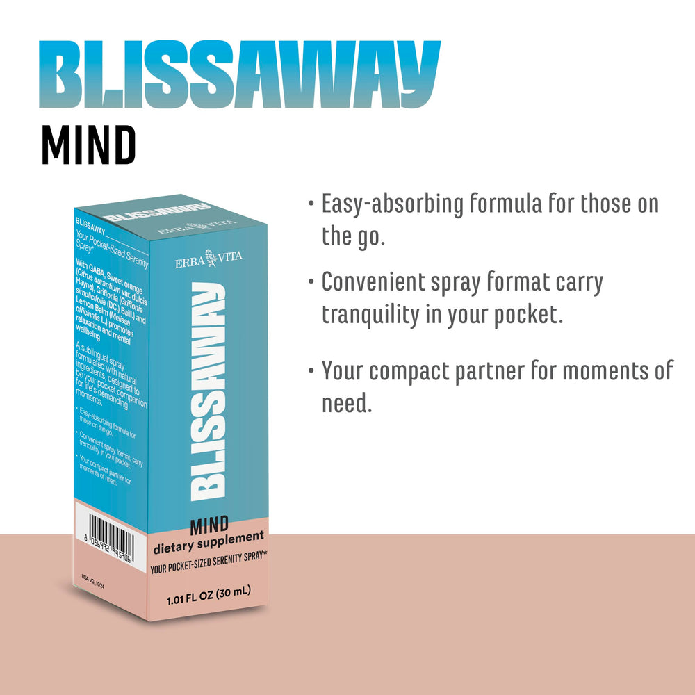 Erba Vita Blissaway Mind dispensing spray under tongue for fast, discreet relief.