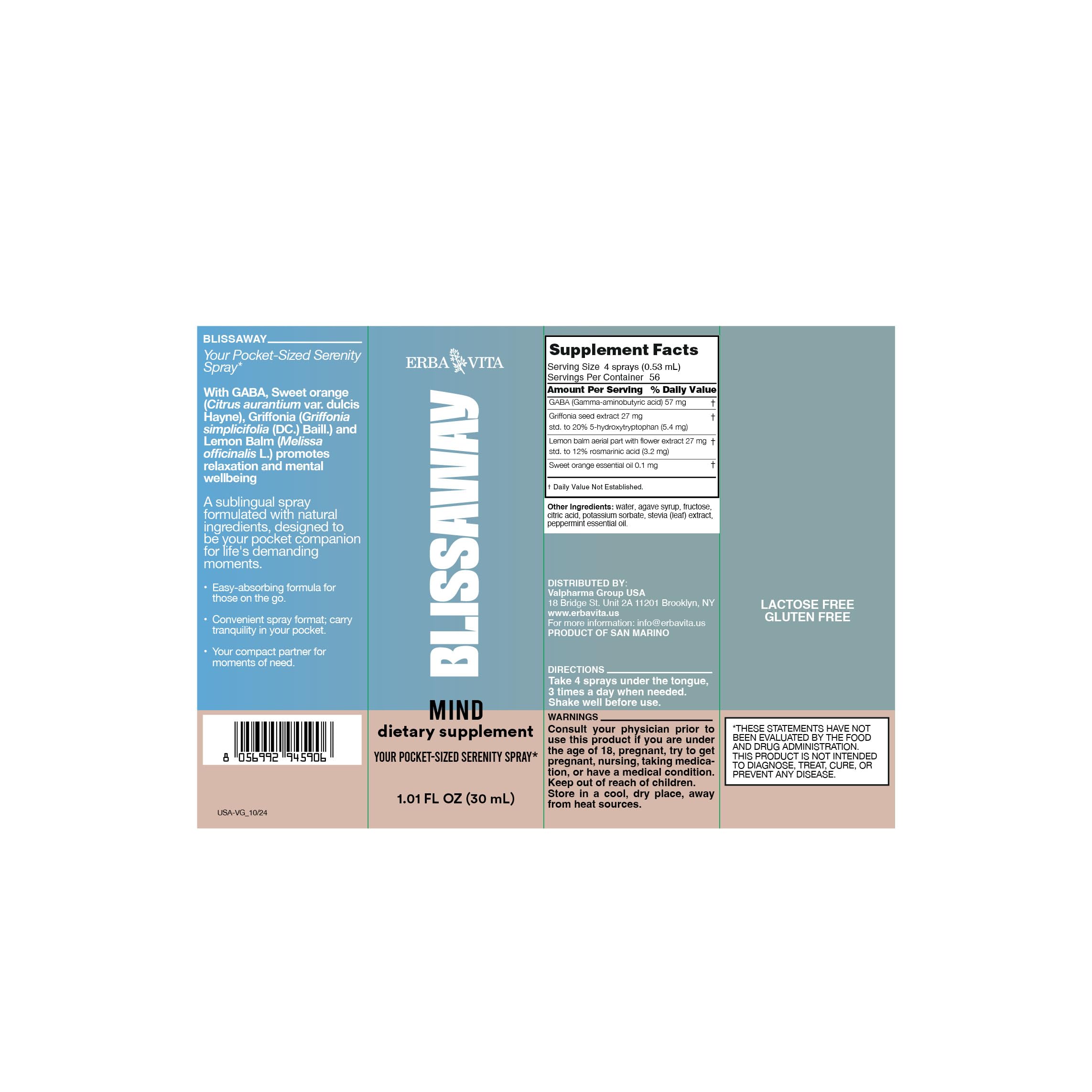 Erba Vita Blissaway Mind label detail emphasizes natural ingredients.