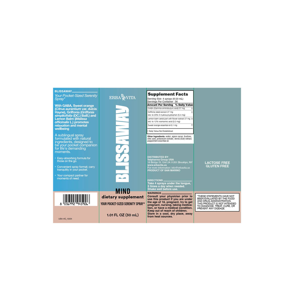 Erba Vita Blissaway Mind label detail emphasizes natural ingredients.