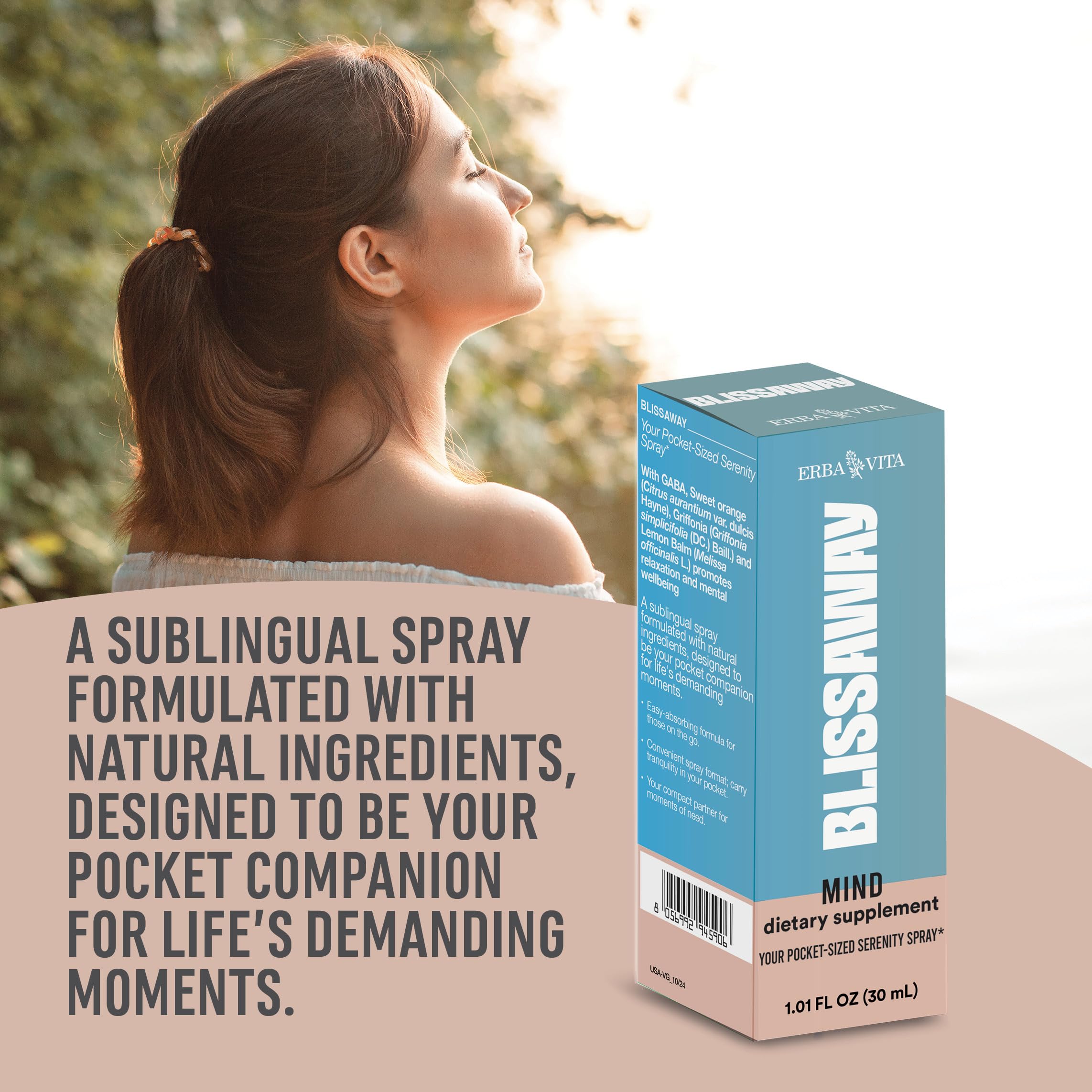 Erba Vita Blissaway Mind packaging highlights compact pocket-size serenity.
