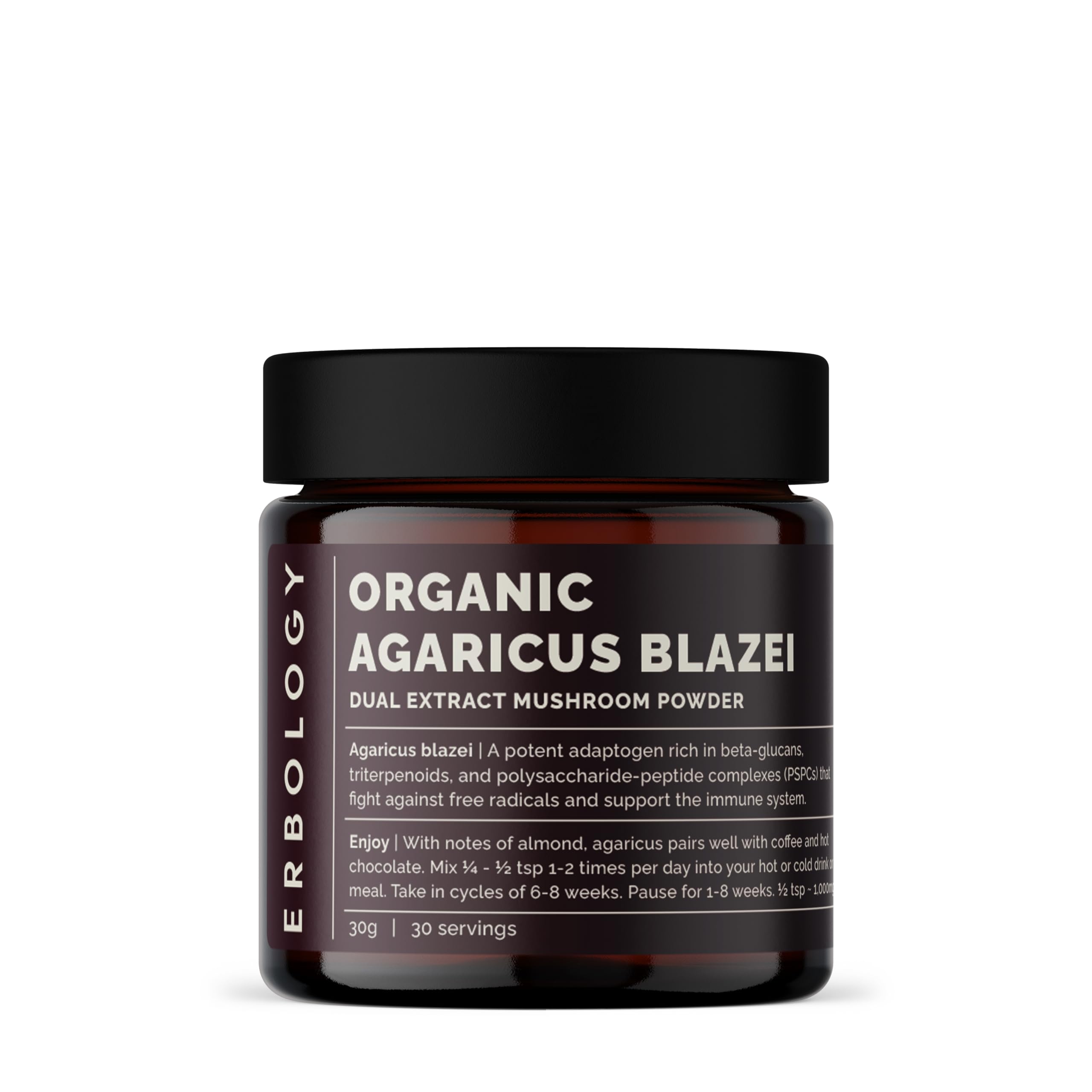 Erbology Agaricus Blazei dual extract powder bottle supports daily immune routines.