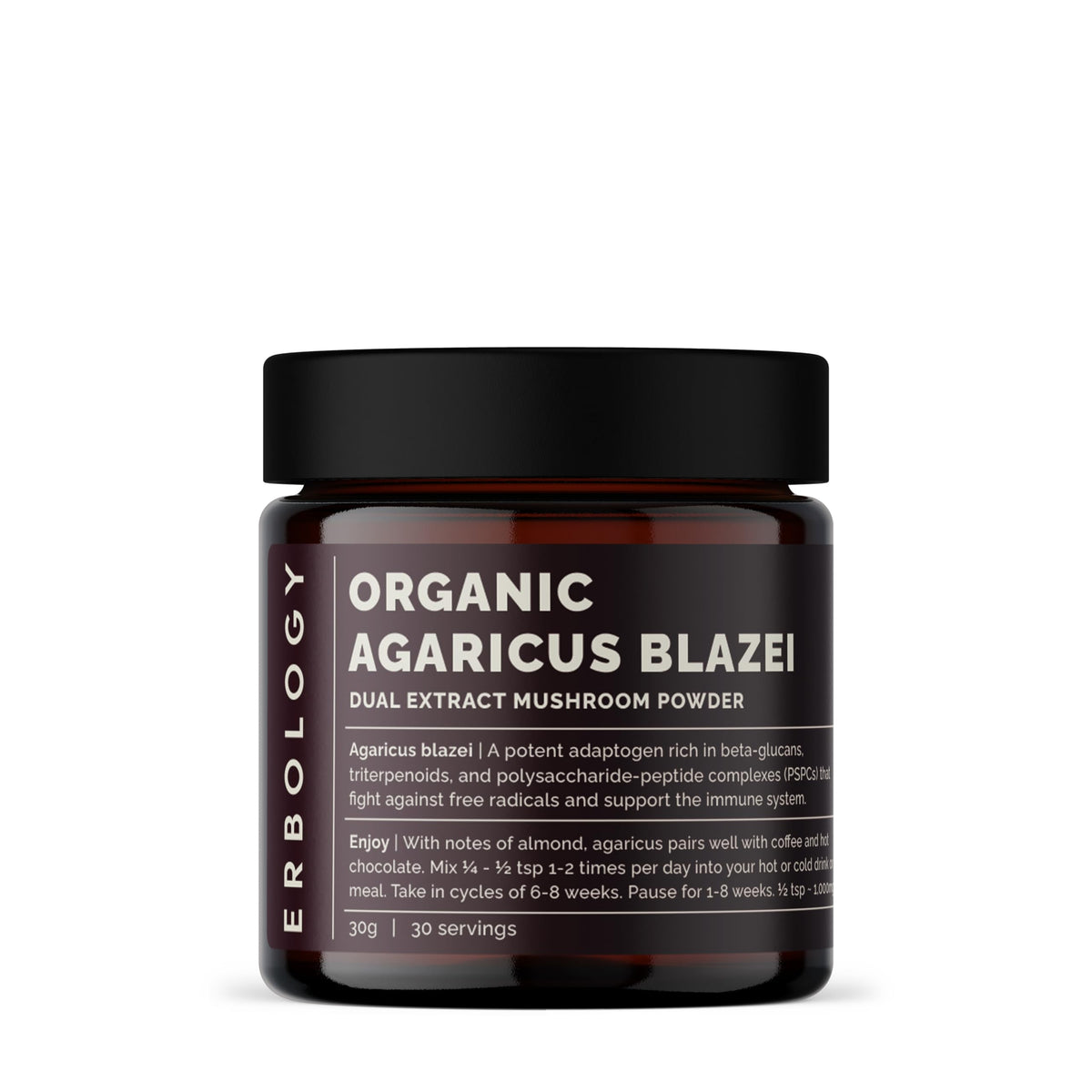 Erbology Agaricus Blazei dual extract powder bottle supports daily immune routines.