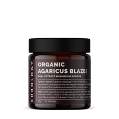 Erbology Agaricus Blazei dual extract powder bottle supports daily immune routines.