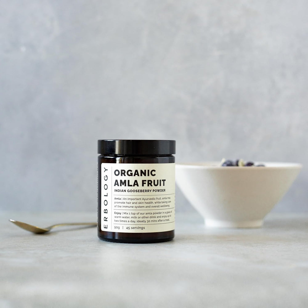 Erbology Amla Powder packaging on shelf emphasizes small-batch sourcing