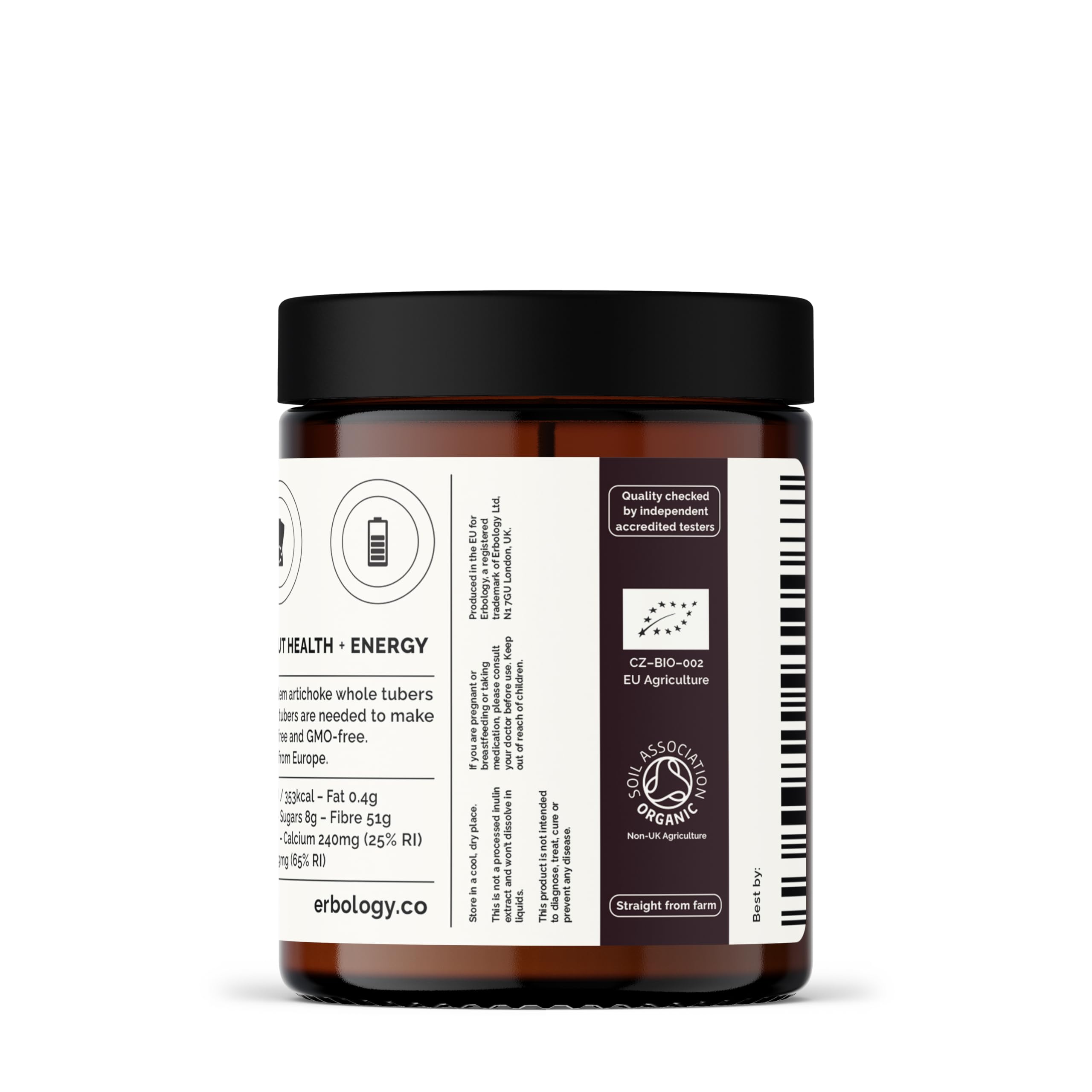 Erbology European farm origin badge on packaging emphasizing sustainable sourcing.