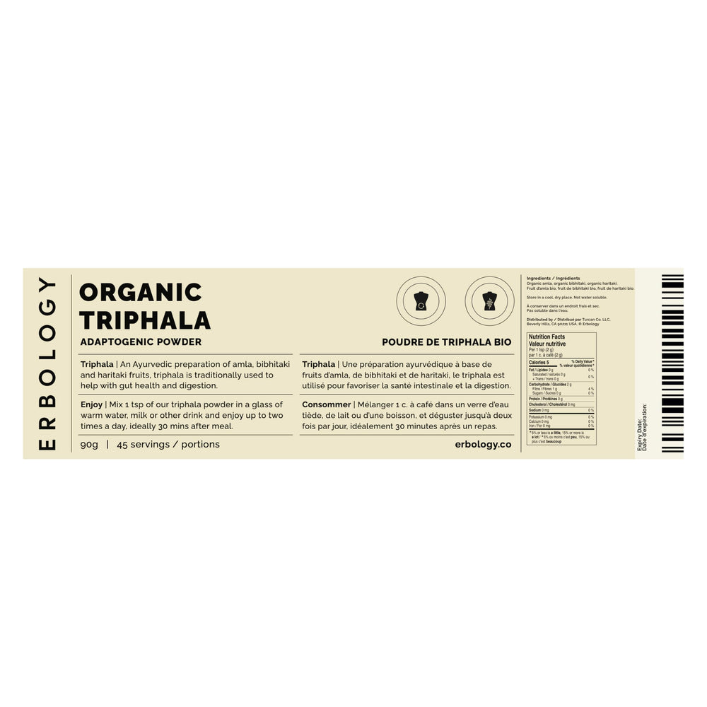 Erbology Triphala powder image shows sustainable sourcing from Indian farms.