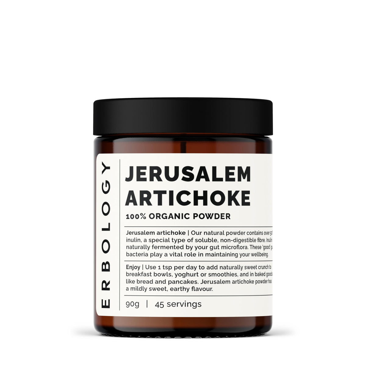 Erbology Jerusalem Artichoke Powder jar close-up showing rich fiber for gut-friendly nutrition.