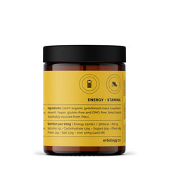Erbology maca root powder Peru farm label highlights small-batch origin.