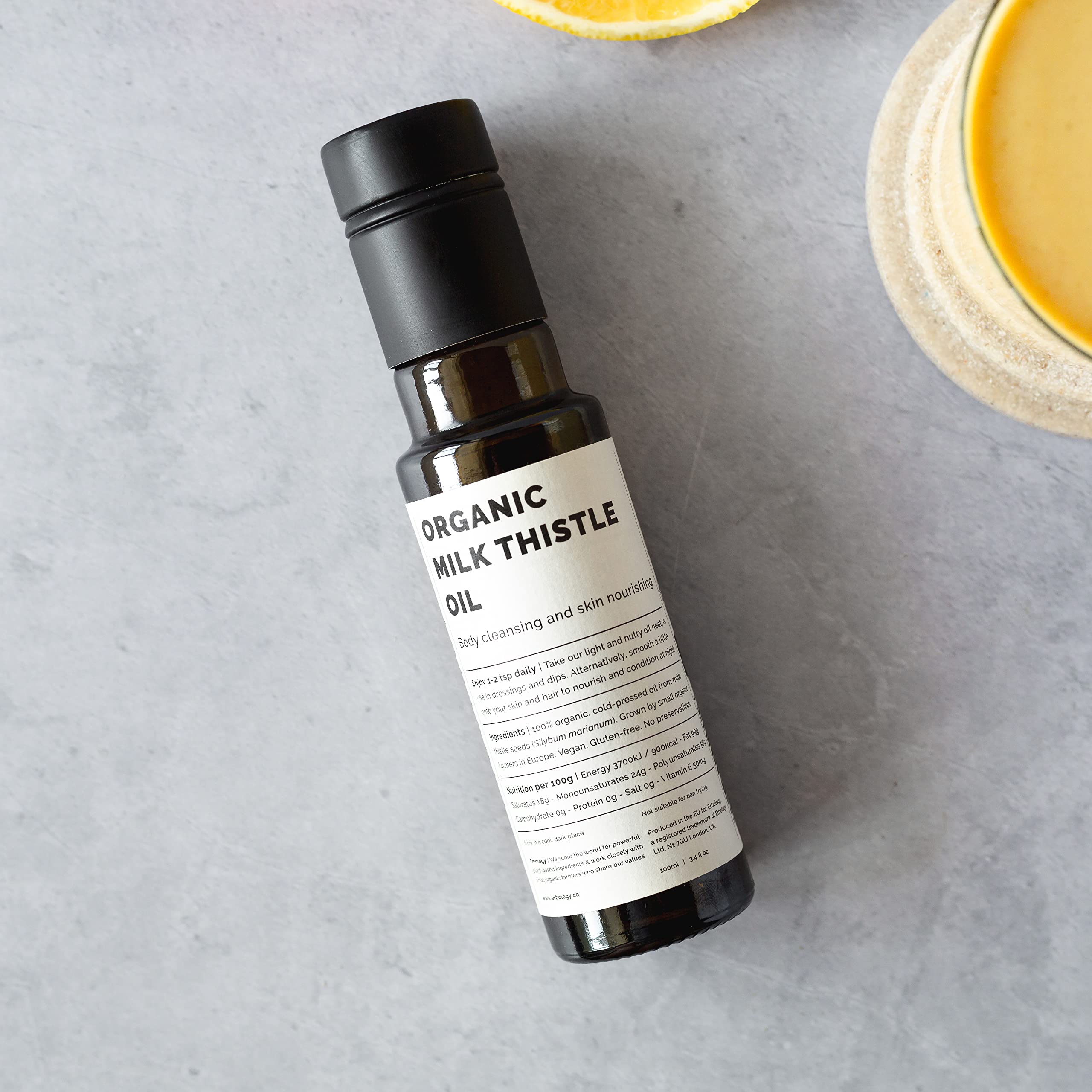 Erbology Milk Thistle Oil dressing option enhances salads with delicate nutty notes.