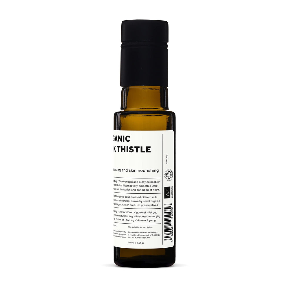 Erbology Milk Thistle Oil glass bottle promotes sustainable packaging and freshness.