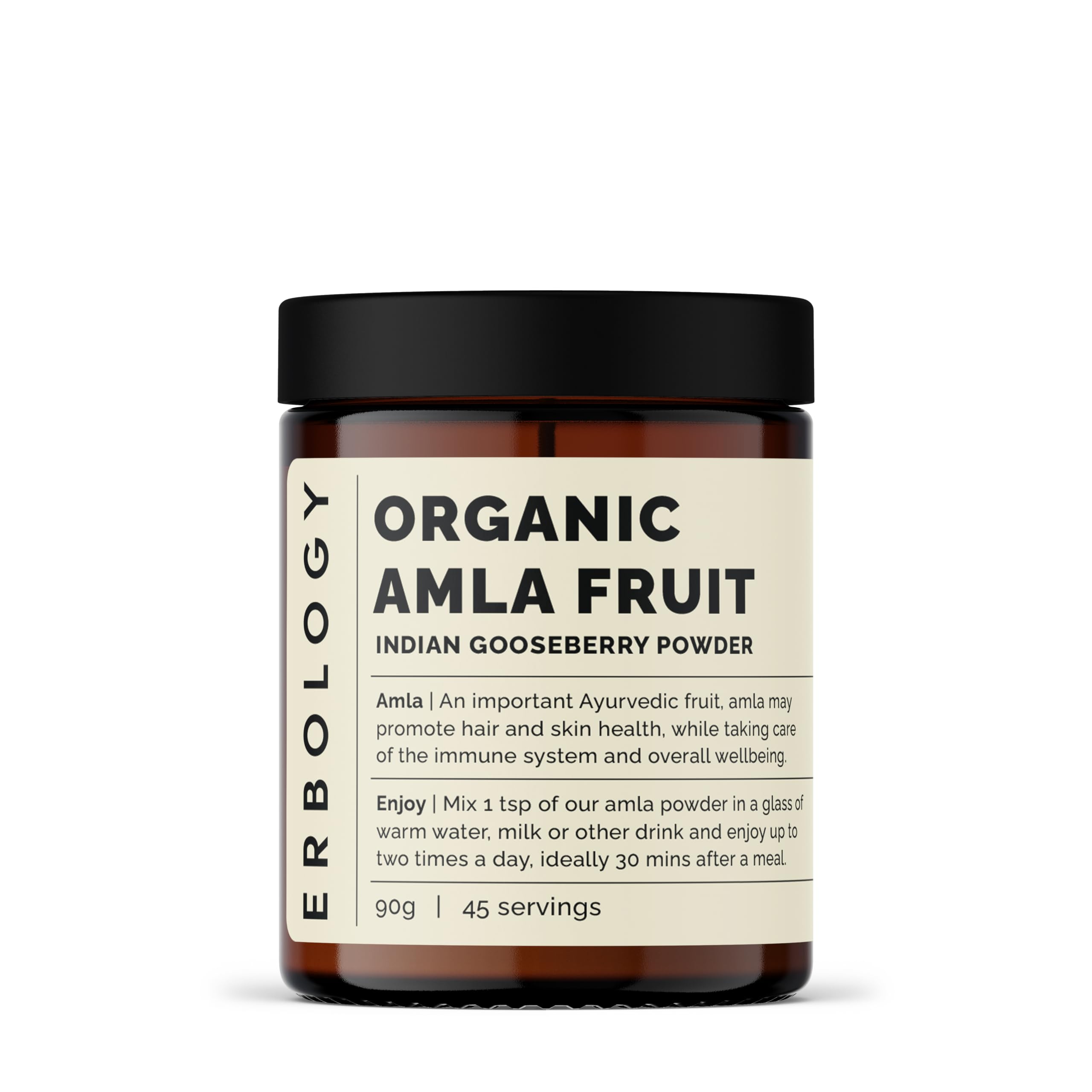 Erbology Organic Amla Powder bottle close-up showing whole fruit powder