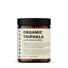 Erbology Triphala powder bottle front, organic packaging for daily wellness.