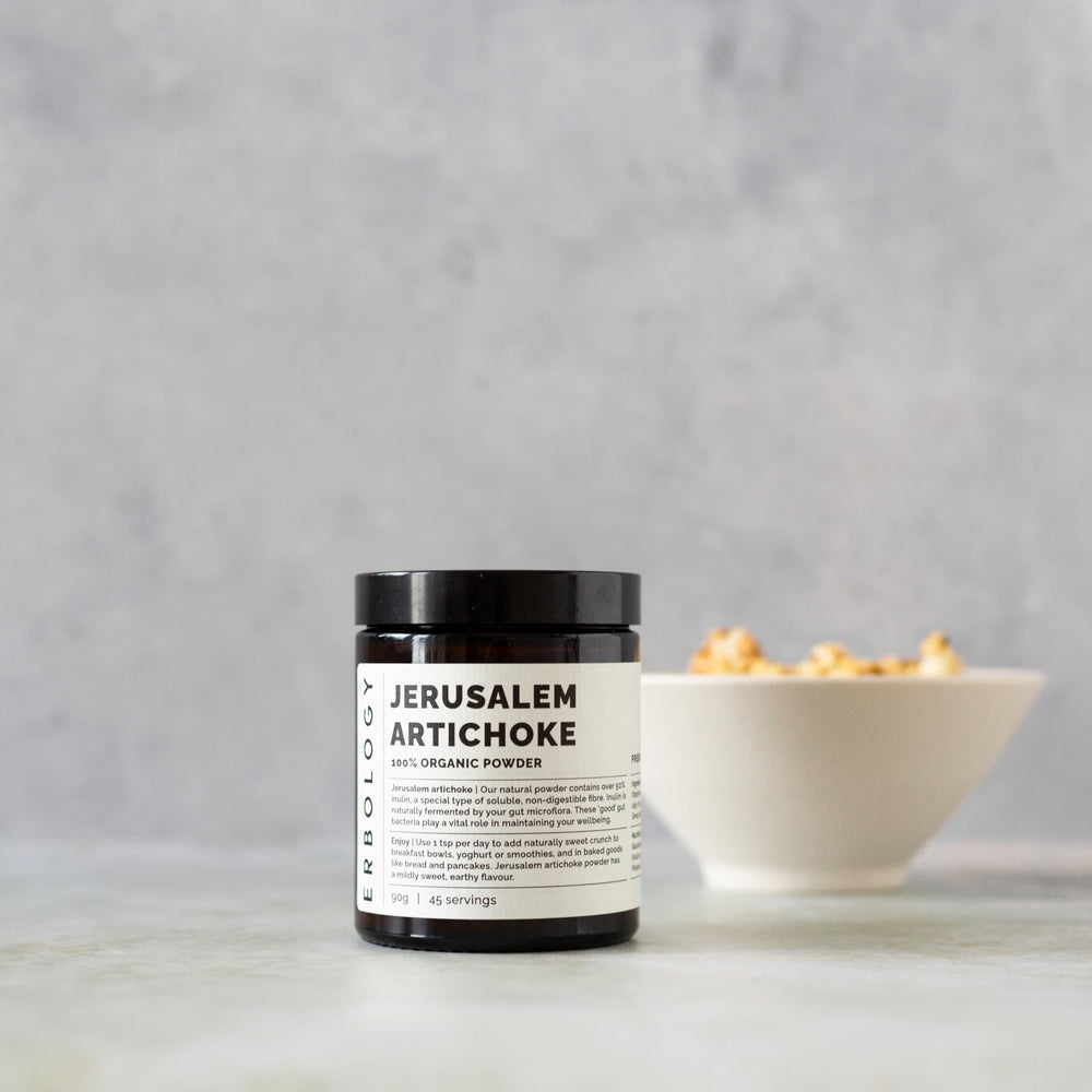 Erbology Jerusalem artichoke powder added to smoothie bowl for mild sweetness and texture.