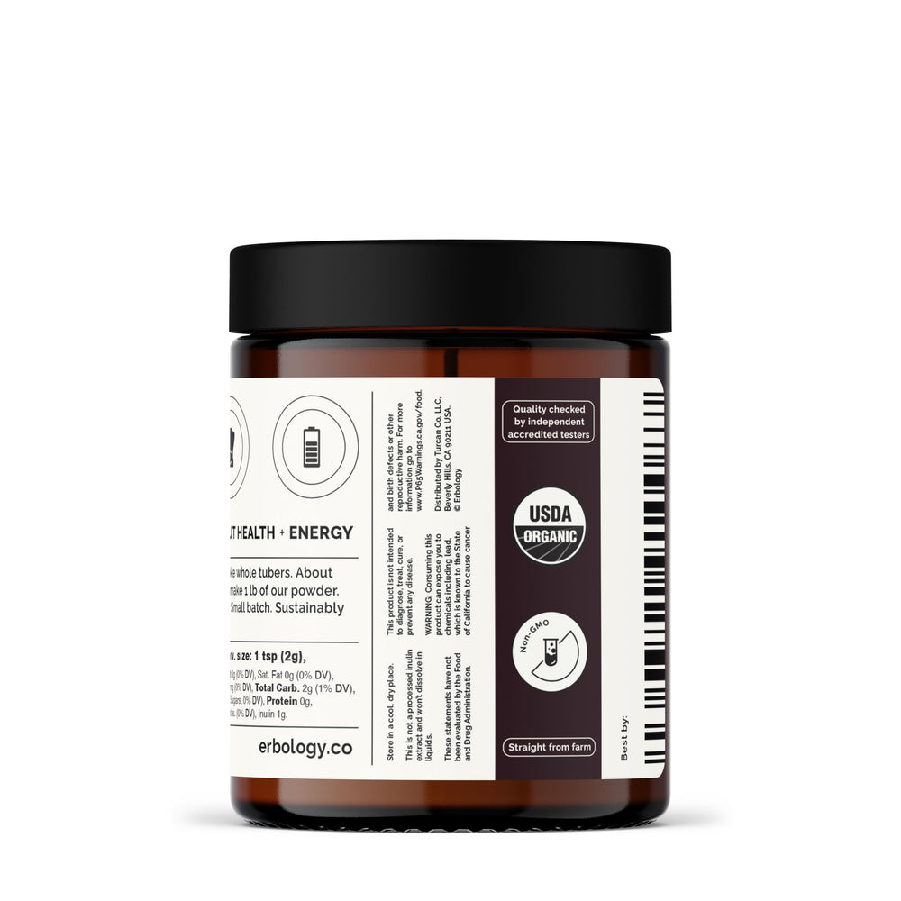 Erbology jar with measuring spoon suggesting controlled daily intake.