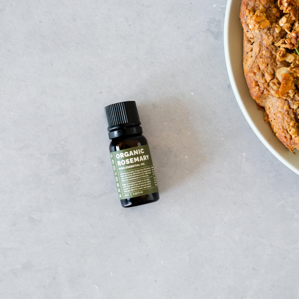 Erbology rosemary oil label indicating organic, small-batch Moroccan origin