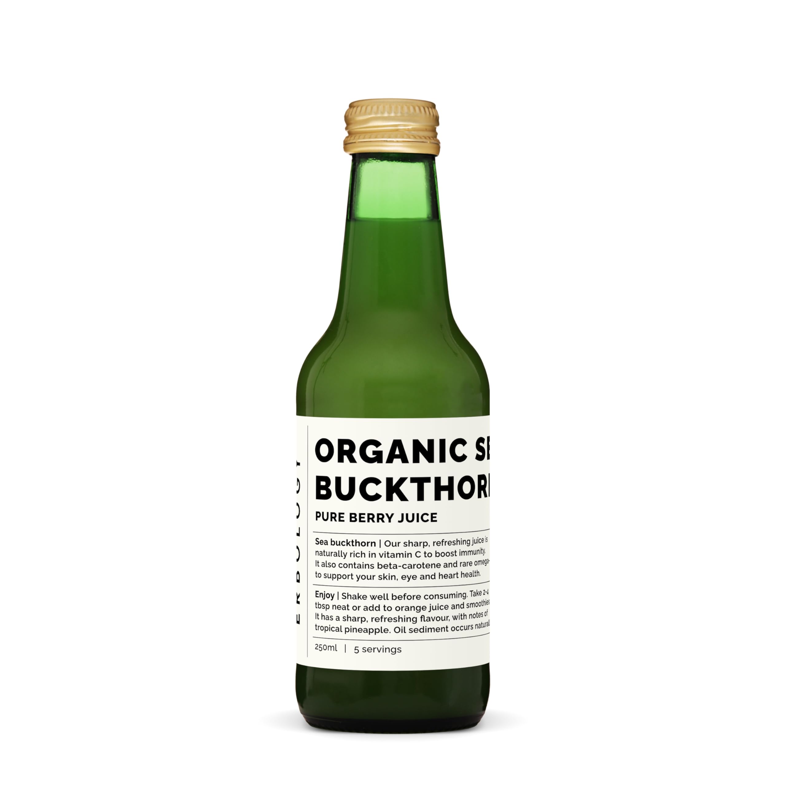 Erbology Sea Buckthorn Juice bottle front shows pure, undiluted formula for daily vitamin support