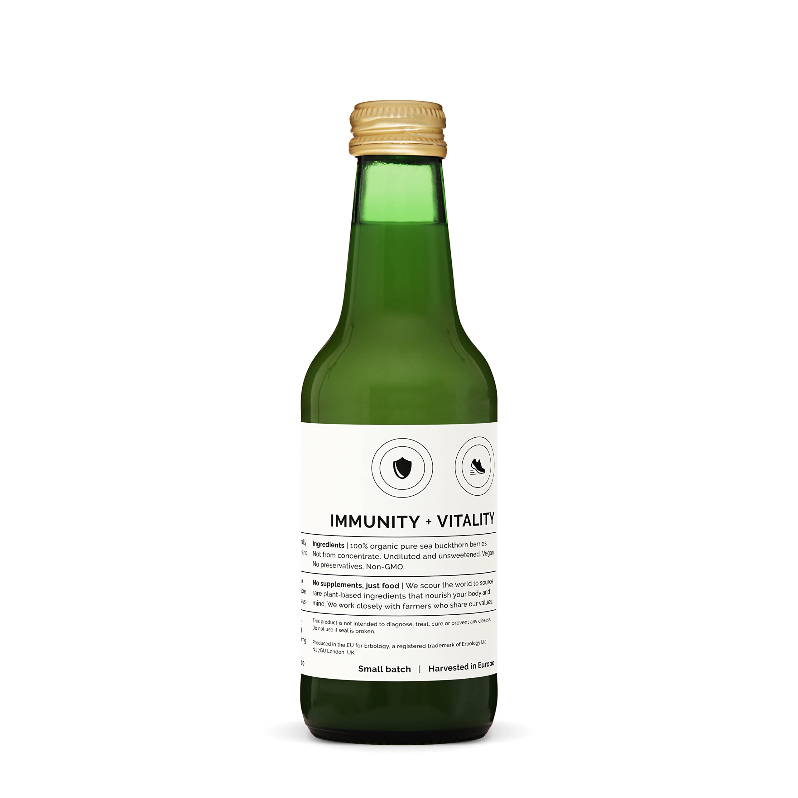 Erbology sea buckthorn juice label detail highlights 100% Organic and Non-GMO.