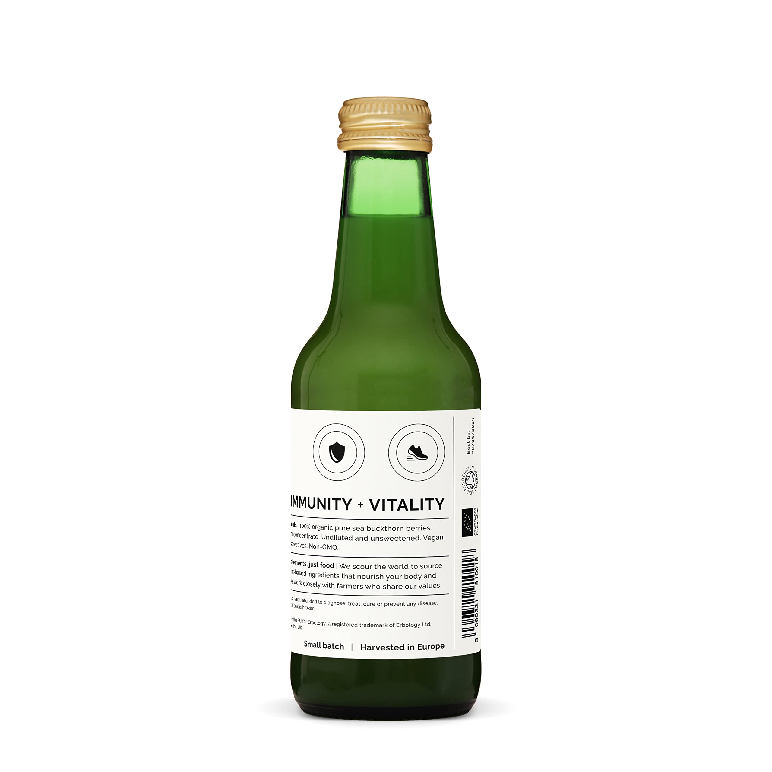 Erbology sea buckthorn juice in recycled glass backlit for premium appeal.