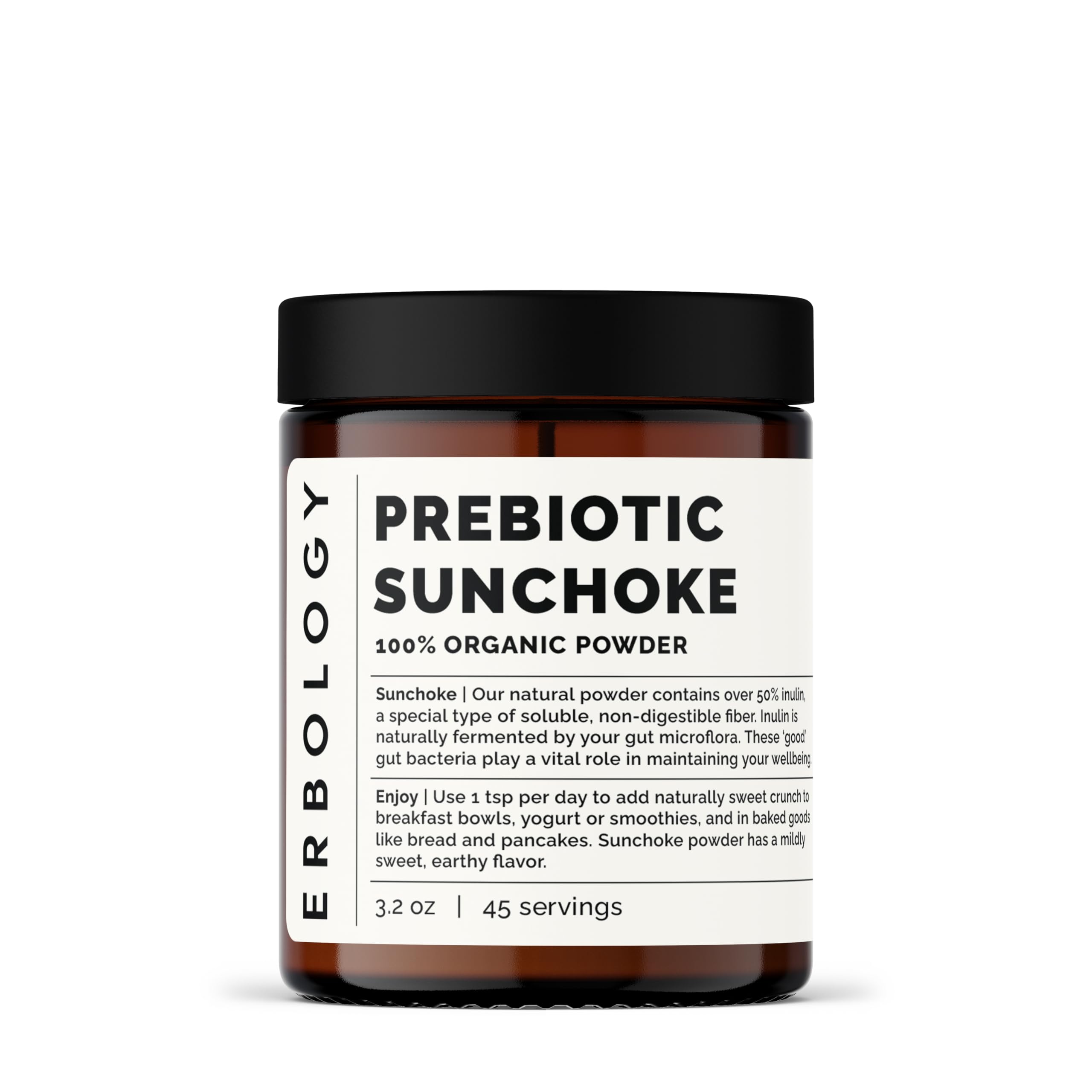 Erbology sunchoke powder bag on shelf highlighting whole-food origin for gentle wellness.