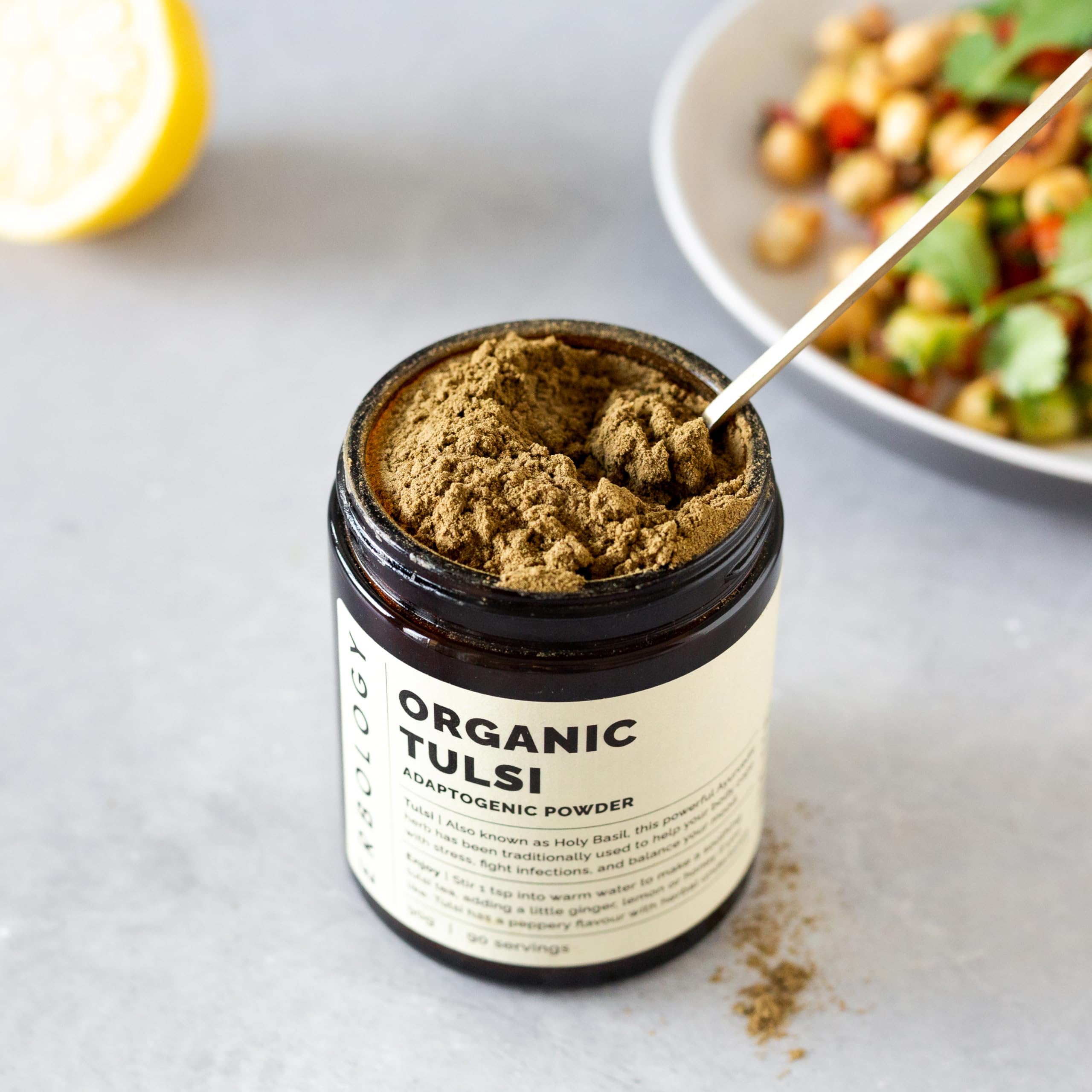 Erbology Tulsi jar back label reveals origin and sustainability