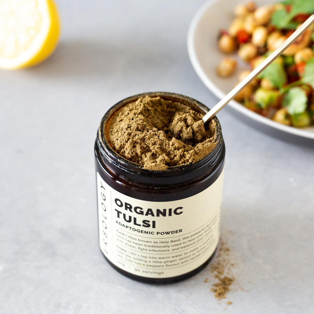 Erbology Tulsi jar back label reveals origin and sustainability