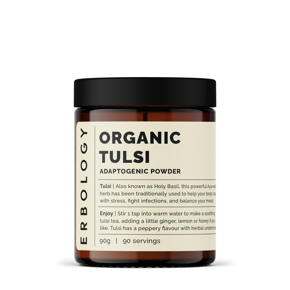 Erbology Tulsi powder jar front showing organic purity and aroma
