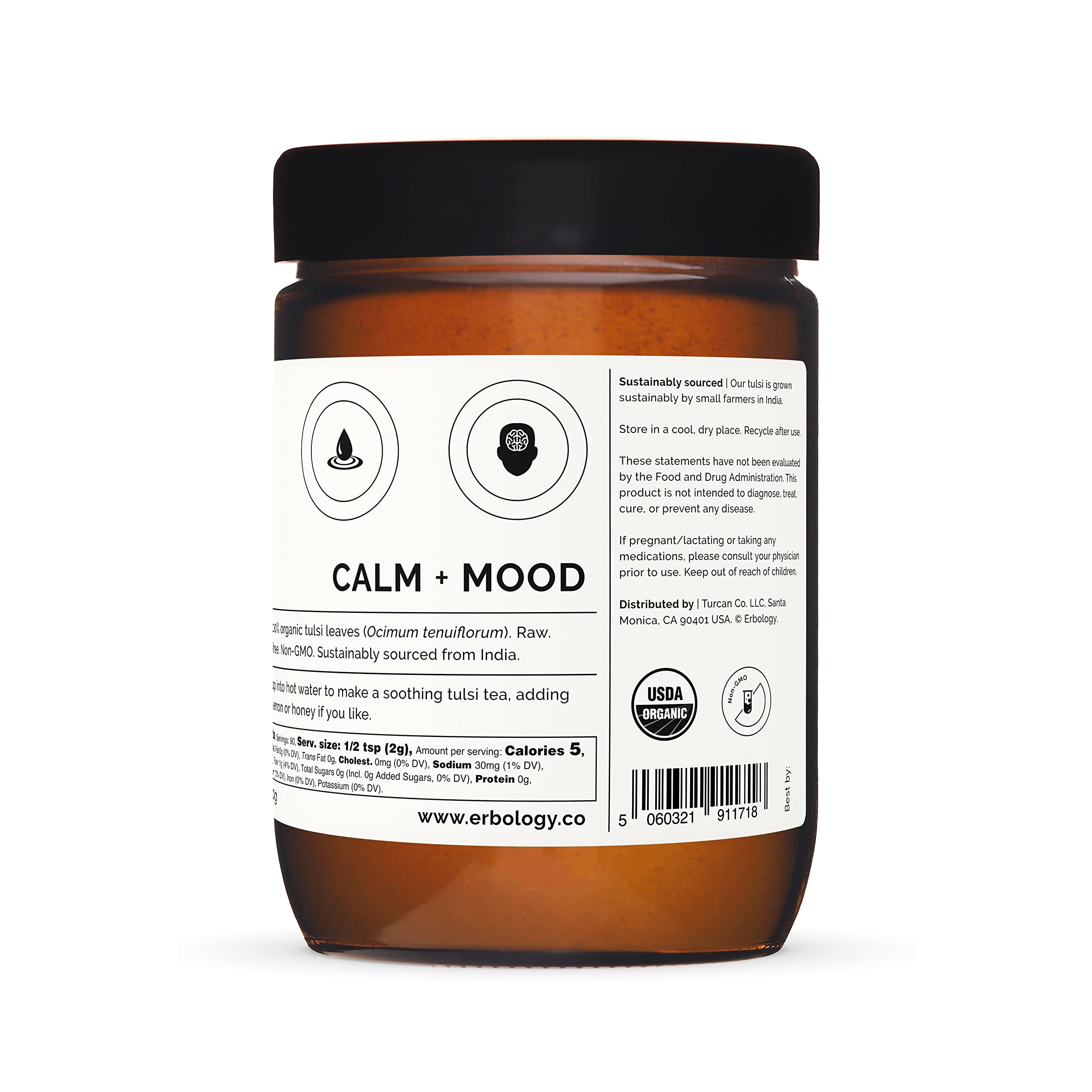 Erbology Tulsi powder on kitchen scene highlighting plant-based sourcing