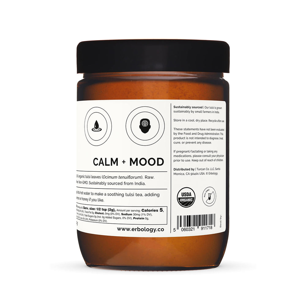 Erbology Tulsi powder on kitchen scene highlighting plant-based sourcing