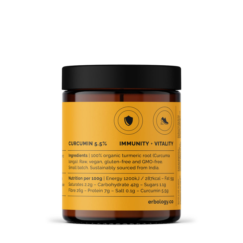 Erbology turmeric powder in curry dish adding color and aroma.